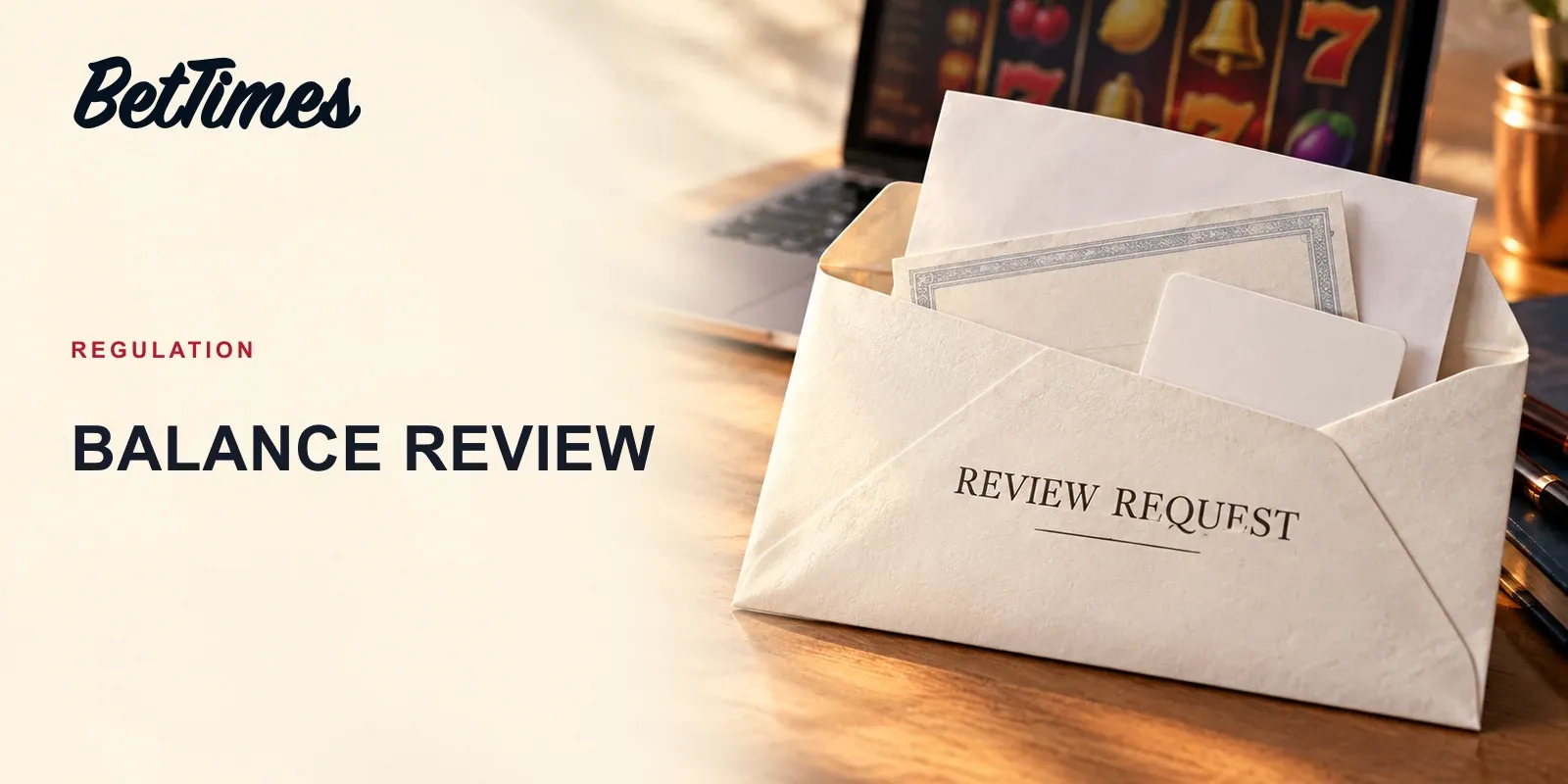 Unsealed review-request envelope beside anonymous identity and bank documents, with an unbranded casino screen behind