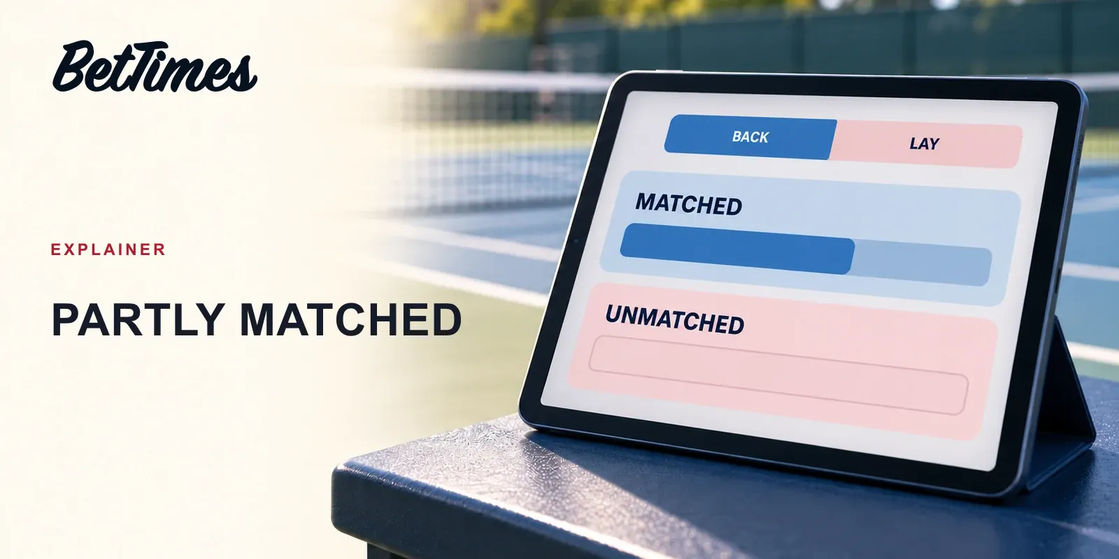 Illustrated exchange order screen separating a matched portion from an outstanding remainder on a tennis-side tablet