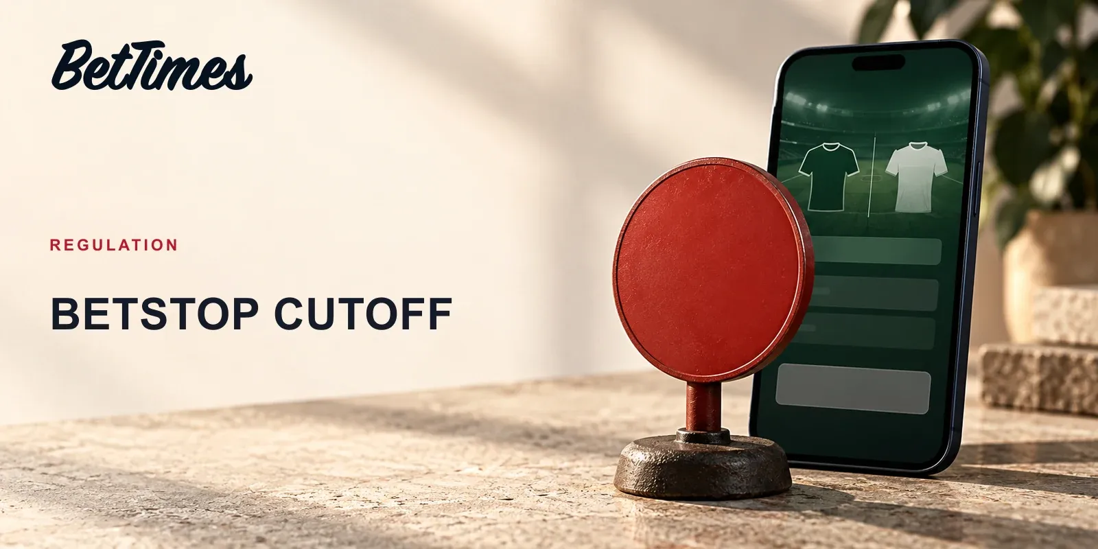 An unbranded mobile wagering screen behind a physical stop control, representing the cutoff required after self-exclusion registration.
