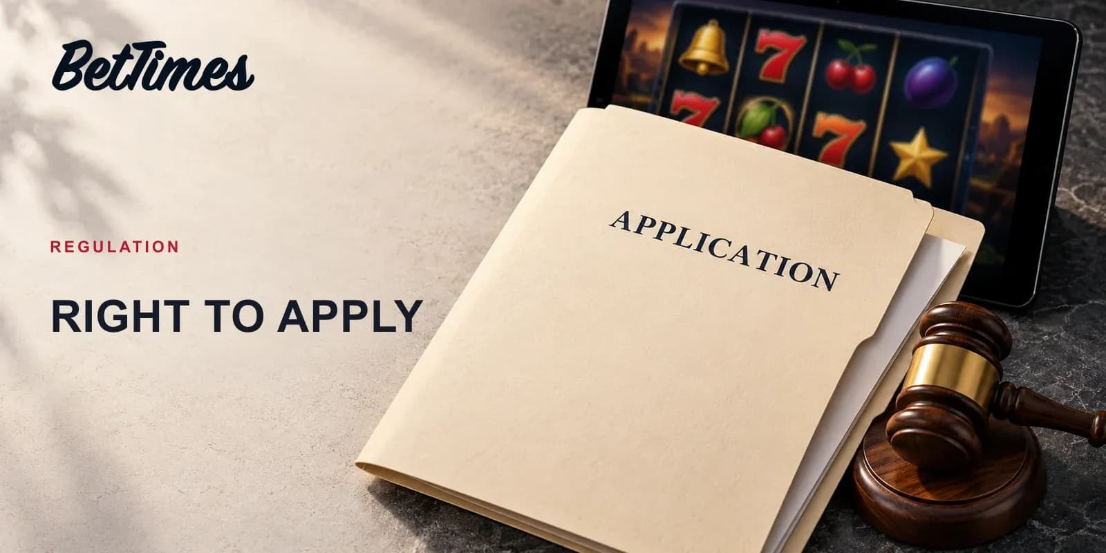 Unissued casino application folder beside an auction gavel and an unbranded online casino tablet