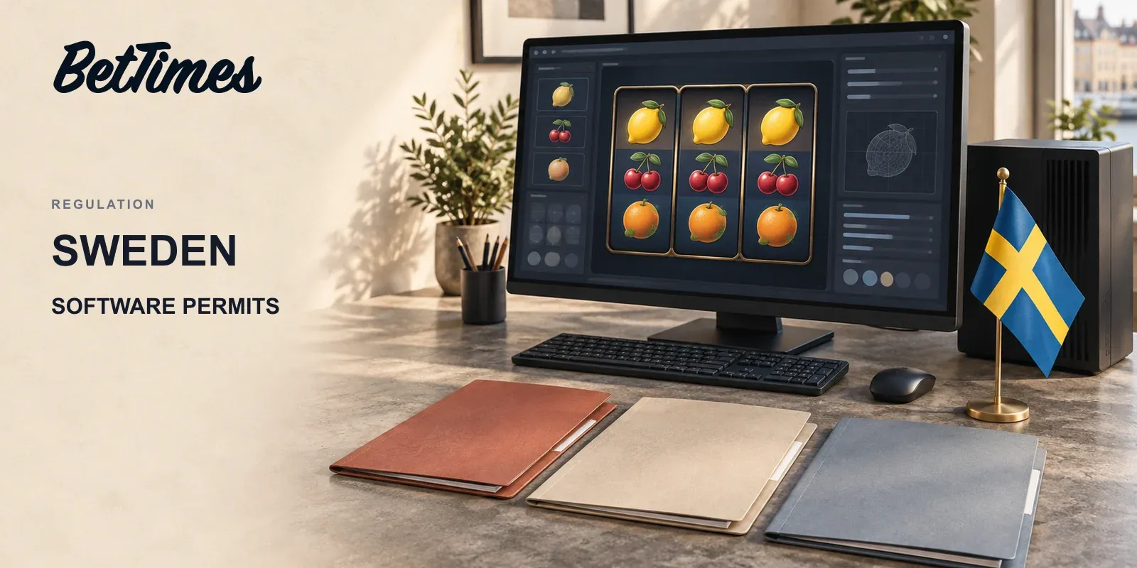 Swedish flag beside a representative casino software workstation and separate supplier, operator and testing folders